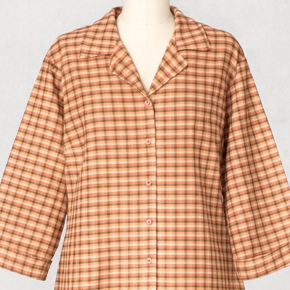 100% Silk Coral Brown Gingham Plaid Blouse-size 16W  Vtg  Inspired Cottagecore